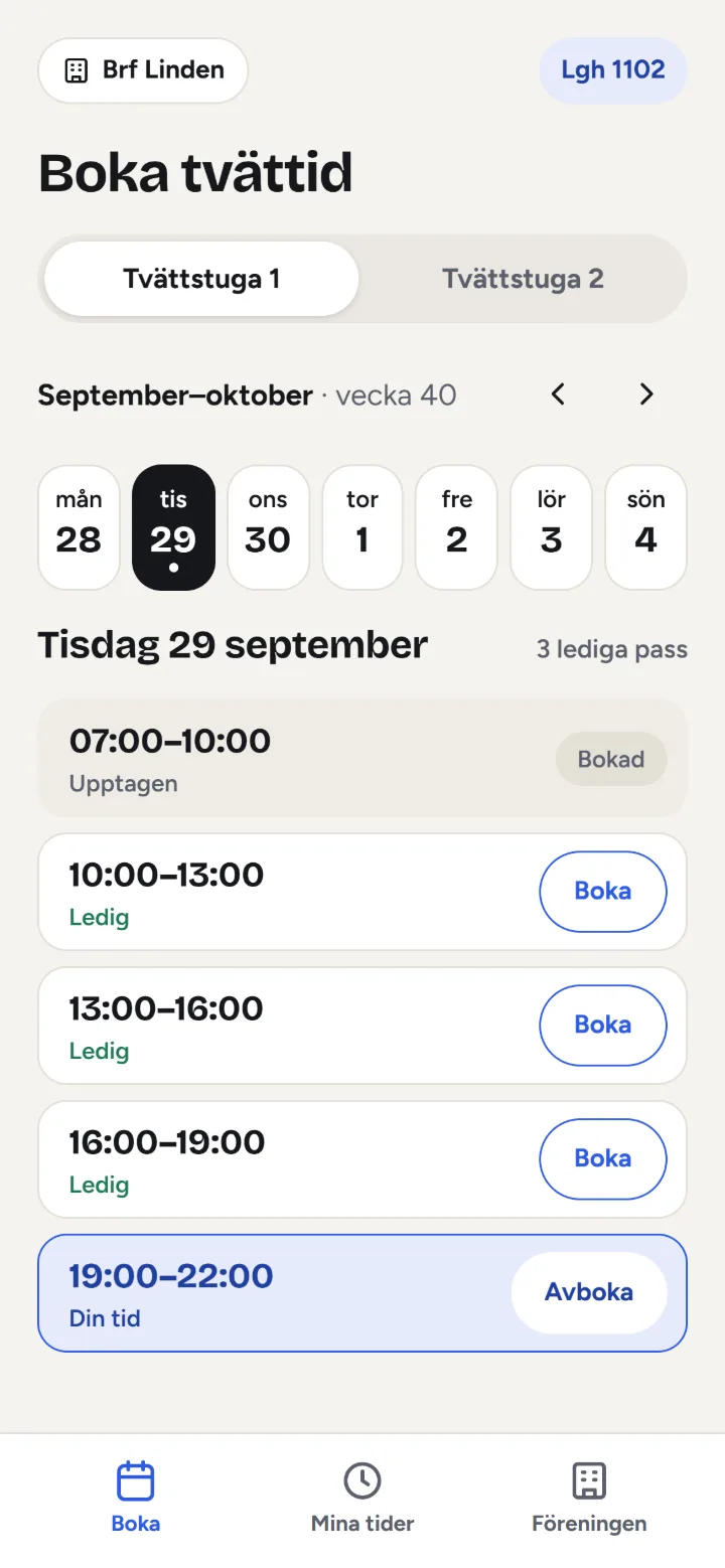 Skärmen Boka tvättid, med veckans dagar och passen för tisdag 29 september.