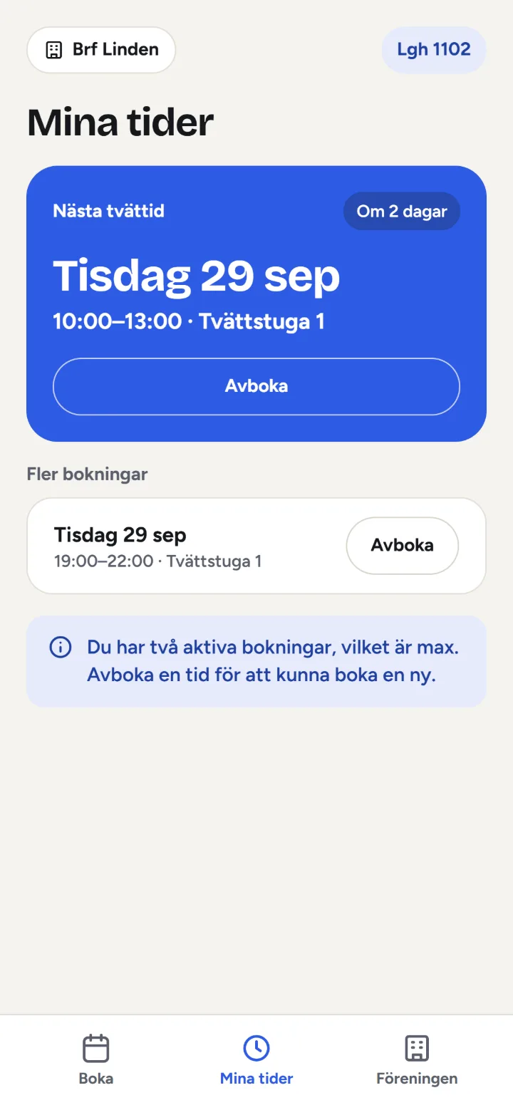 Skärmen Mina tider, med nästa tvättid och ytterligare en bokning.