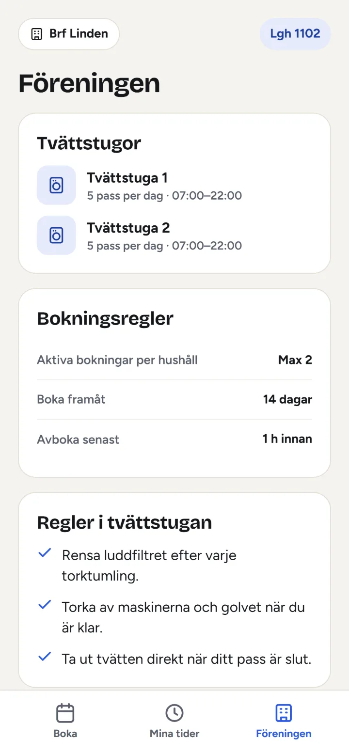 Föreningsfliken, med föreningens tvättstugor, bokningsregler och regler i tvättstugan.